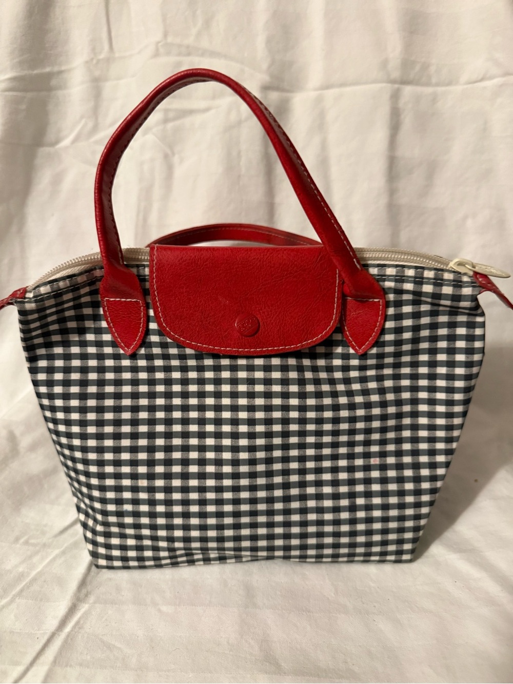 Two’s Company Small Le Pliage Gingham Tote in Red and Black